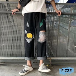2色寬鬆直筒破洞牛仔褲 情侶韓版潮流超火百搭闊腿九分褲乞丐褲男(MT27)【FIZZE】