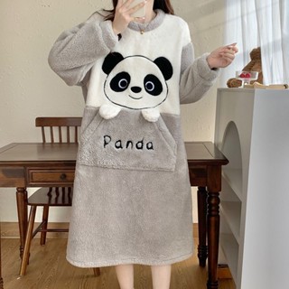臺灣熱銷🌈睡裙女款秋冬季珊瑚絨加厚加絨可愛卡通熊貓學生可外穿睡衣家居服