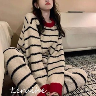✨U家女裝✨大尺碼睡衣女 冬季女裝 珊瑚絨套頭上衣 闊腿長褲 韓國ins網紅條紋加厚休閒少女家居服 家居套裝 XITX
