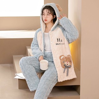 新款睡衣女生連帽秋冬季珊瑚絨三層夾棉加絨加厚保暖可外穿家居服Jsna皇后