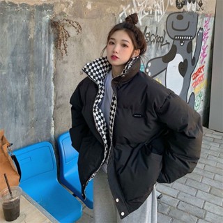 【免運】棋盤格棉服外套女2023冬季新款森系羽絨麵包服ins韓版寬鬆棉衣潮