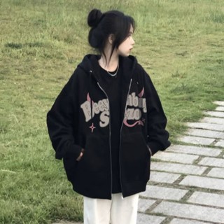 【Helisa 允梨】銀狐絨 美式復古 字母印花 開衫 連帽衛衣 秋冬女裝 拉鏈外套 學院風 韓版女裝 加絨 長袖 韓系