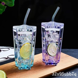 🔥限時下殺 吸管杯ins高顔值五角星玻璃杯彩色漸變冷飲杯子帶蓋咖啡杯喝水杯 ZWFJ