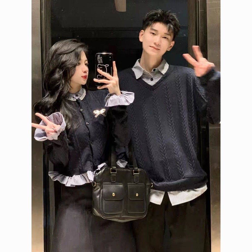 情侶套裝 情侶衣 情侶裝秋冬2023新款ins超火毛衣男女韓版寬松法式針織衫外套潮牌情侶穿搭 秋冬 韓國情侶裝