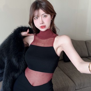 Lam💕上衣 針織衫 無袖高領 純欲辣妹性感吊帶打底夏季設計高領背心無袖馬甲外穿短款針織上衣