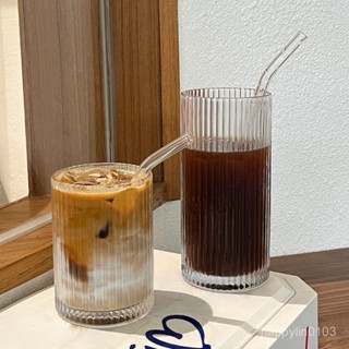 ⭐精選優品⭐ 簡約條紋玻璃杯子ins風美式咖啡杯拿鐵果汁杯冷飲料杯牛奶早餐杯