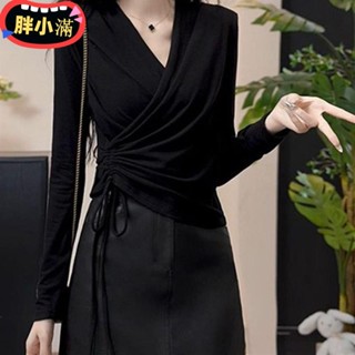 【臺灣免運】v領長袖上衣女秋季新款寬鬆顯瘦打底衫 長袖女上衣長袖t恤大尺碼長袖長袖女裝薄長袖ewrd