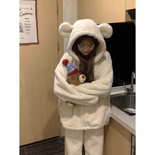 冬季睡衣女秋冬款加絨加厚套裝可愛小熊家居服冬天絨毛睡衣 長袖保暖家居服 珊瑚絨上衣 法蘭絨上衣 搖粒絨睡衣 睡衣可愛