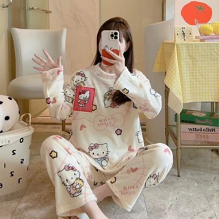 see 保暖睡衣 加絨睡衣 居家服 長袖睡衣 2024新秋冬季天法蘭絨卡通kitty睡衣女加絨加厚珊瑚絨家居服套裝a