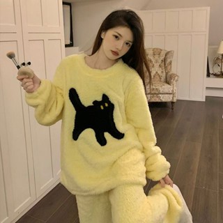 see 保暖睡衣 加絨睡衣 居家服 長袖睡衣 黃色貓咪珊瑚絨睡衣女冬款新款網紅甜美可愛加厚法蘭絨家居服套裝