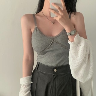 Annie💖 韓國基本款蕾絲花邊吊帶帶胸墊美背性感外穿上衣 短版上衣 小可愛