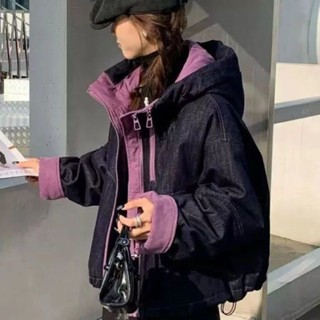 桃園出貨 牛仔時尚羽絨服女短款2024冬季新款高階感複古拚色羽絨夾剋外套潮 臺灣賣家 臺灣髮貨(現+預）部分1-3天出貨
