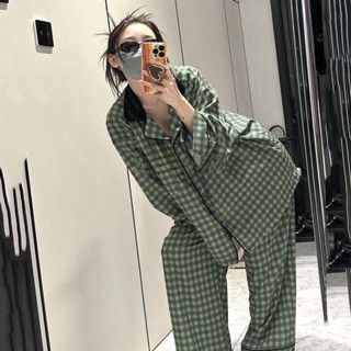新竹出貨♕睡衣女 韓版IG風格子睡衣 春秋新款 簡約高階網紅款長袖長褲居家服 寬鬆休閒家居服 睡衣套裝