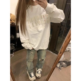 🌸可可裡🌸國潮牌刺繡貼布字母百搭寬鬆長袖T恤女秋季休閒oversize打底上衣