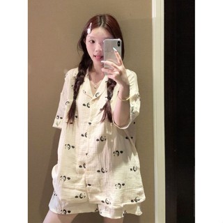 see 女生睡衣 居家服 家居服 睡衣套裝 甜美可愛熊貓睡衣女夏季ins網紅簡約休閑寬松外穿短袖家居服套裝
