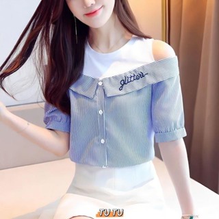 TUTU 大尺碼短袖襯衫 露肩假兩件襯衫女夏季新款條紋背心上衣短袖休閑字母刺繡小衫