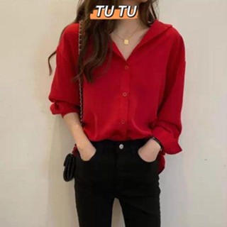 TUTU 大尺碼襯衫 長袖襯衫 春裝新款紅色雪紡襯衫女長袖外穿百搭襯衣設計感小眾V領上衣