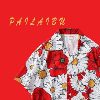 【嘎嘎】夏威夷風沙灘防曬冰絲複古花襯衫夏季短袖碎花襯衣寬鬆情侶裝夏裝 免運十五