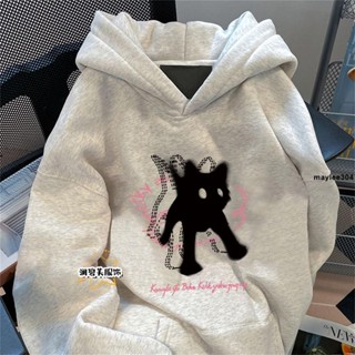連帽T 衛衣連帽 美拉德黑貓畫素白灰色連帽衛衣女秋冬oversize寬松ins慵懶風外套