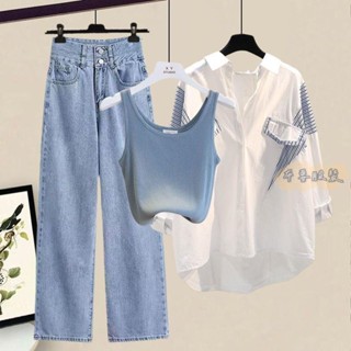 🎀布要服裝 大尺碼 三件套女 韓系套裝 大碼女 夏季套裝女2024新款大碼女裝時尚防曬衣襯衫背心顯瘦牛仔褲三件套