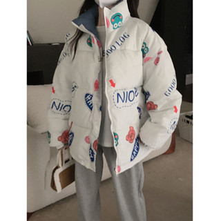 9號倉庫 棉服女 韓版外套 情侶款冬裝兩面穿加厚寬鬆印花小熊棉服外套ins潮小眾設計感棉衣 秋冬外套 保暖外套