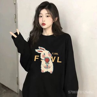 衣大倉 100%純棉長袖T恤女秋季內搭黑色打底衫韓版寬鬆百搭印花上衣潮