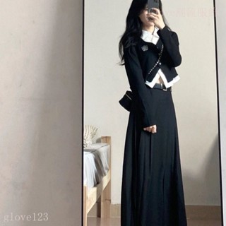 🌷臺灣出貨🌷2023秋裝新款 鹽係輕熟學院風 黑色短款上衣 半身裙 長裙 韓係兩件套 套裝女 洋裝 氣質兩件套
