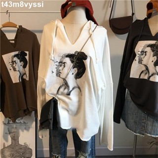 七喜 長袖t恤 韓系v領連帽oversize長版上衣寬鬆顯瘦大尺碼上衣潮t女生衣服