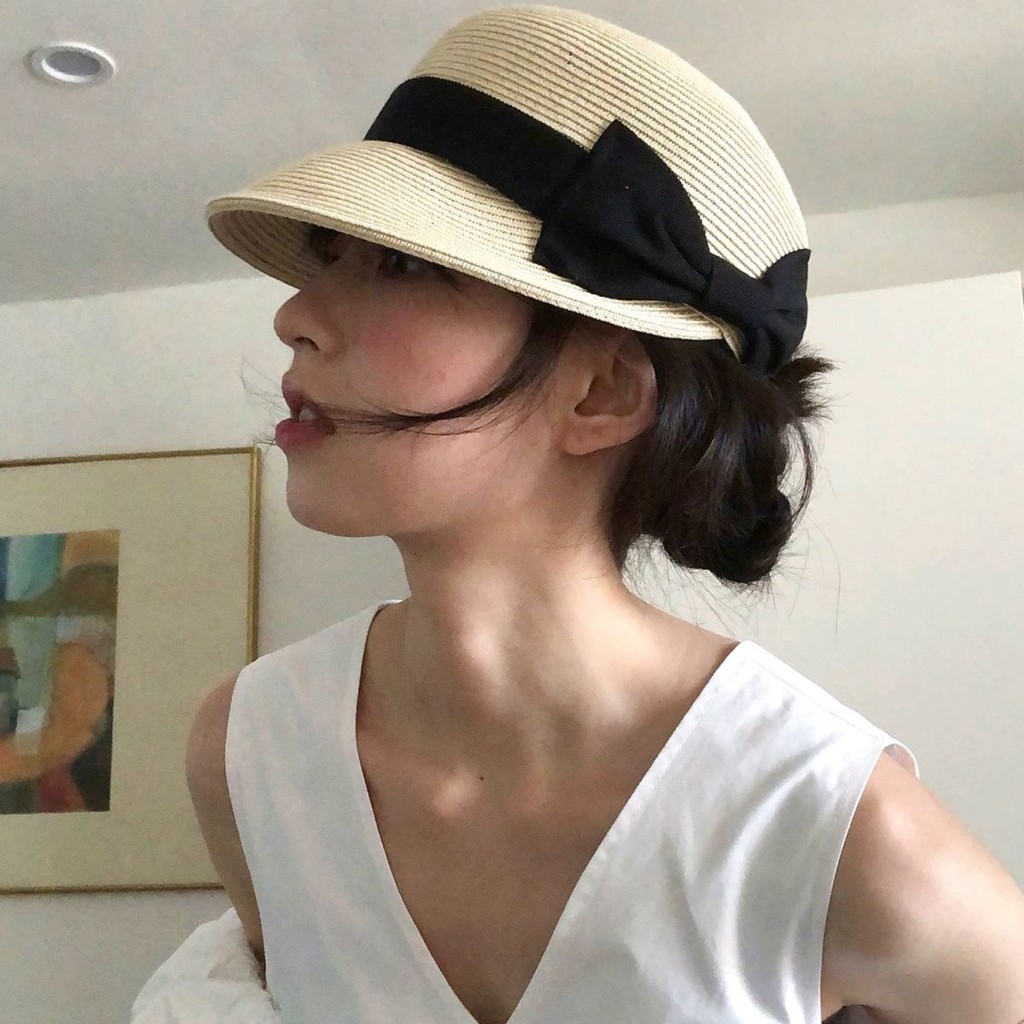 有點東西🧢L.MOZ定制優雅法式氣質蝴蝶結馬平頂加寬帽檐顯臉小馬術帽草帽鴨舌漁夫帽 遮陽帽女 防曬帽子 太陽帽