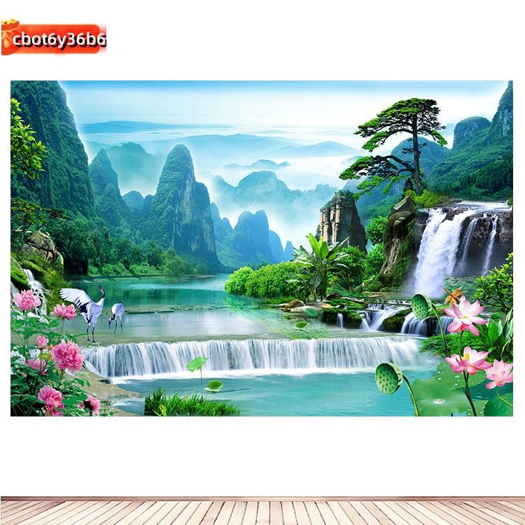 大呎吋 壁紙 貼紙 貼畫 壁畫 海報 裝飾畫 壁貼 迎客松 瀑布流水生財 招財風水畫 青山綠水 客廳沙發裝飾畫山水牆貼畫