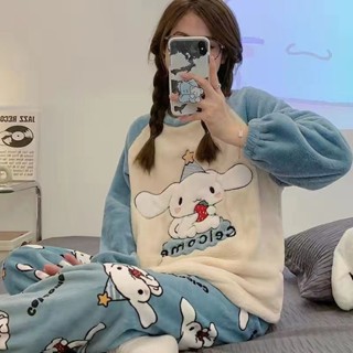 可愛睡衣 珊瑚絨睡衣 睡衣冬季加厚法蘭絨套裝韓版卡通秋冬天保暖珊瑚絨家居服可外穿女 保暖睡衣女