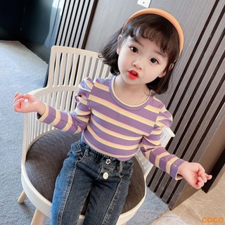 女童長袖條紋T恤春秋裝韓版中小童洋氣泡泡袖上衣寶寶打底衫【COCO】