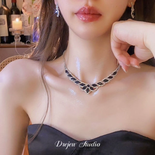 韓版項鏈 鑲鑽水滴流蘇項鏈耳環套裝 時尚輕奢風超閃鎖骨鏈 新娘禮服宴會配飾【北極星賣場】