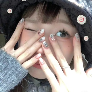 🎀臺灣48H出貨🎀 甜酷克羅心簡約四芒星純手工穿戴甲學生同款顯白乳白漸變辣妹風 美甲貼片 美甲 指甲 指甲貼片 假指甲