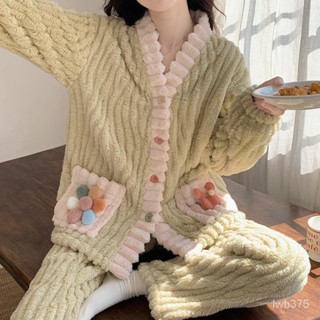🔆小甜甜日係美衣👙 珊瑚絨睡衣女冬季加絨加厚花朵2024年新款春秋天法蘭絨家居服套裝 652D