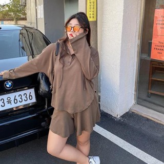 臺灣✨M~4XL 大尺碼女生長袖套裝長袖連帽T恤+休閒短褲兩件套胖MM薄款防曬寬鬆顯瘦遮肉上衣ins