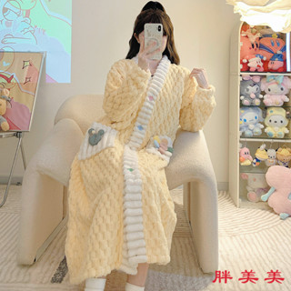 【M-5XL大尺碼】大尺碼女裝 睡袍 睡衣 秋冬睡袍 睡裙 珊瑚絨睡袍女冬季法蘭絨睡裙加厚寬鬆胖mm加大碼可外穿長款家居