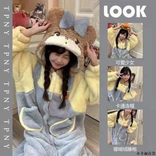 【桃園新品】珊瑚絨睡衣女冬天加絨加厚保暖法蘭絨中長款背帶熊日系秋冬季睡袍 睡袍 冬天睡衣 保暖睡衣 家居服