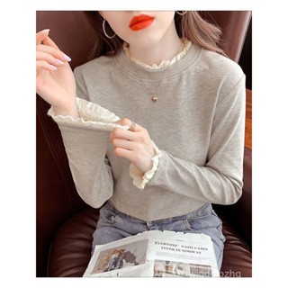 Ocean✅加絨加厚打底衫女 內搭秋冬新款蕾絲花邊德絨半高領保暖長袖上衣 韓版高領顯瘦百搭針織上衣 毛衣 長袖上衣 女裝