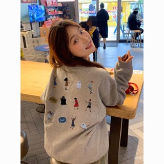 大學t 刷毛 大學TEE 潮流美式 複古灰色圓領衛衣女 春秋薄款設計感 小眾寬鬆潮牌長袖上衣 秋冬 長袖上衣