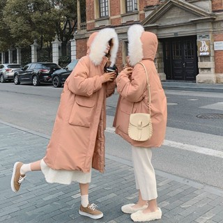 臺灣發貨！大尺碼棉衣 大毛領棉衣韓版寬鬆棉服女 冬季閨蜜裝 韓國東大門外套 女生大毛領刷毛加厚棉衣 中長款過膝加厚外套