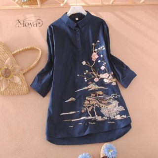 重工刺繡花民族風中長款套頭POLO領襯衫女春秋七分袖襯衣 大尺碼T恤 長袖上衣 打底衫 民族風上衣 禪意茶服 文藝T恤