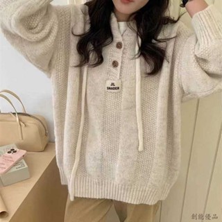 毛衣 女生毛衣 寬鬆毛衣 條紋毛衣 毛線衣 長袖毛衣 秋冬連帽毛衣女 寬鬆慵懶風加厚抽繩針織衫衛衣上衣 毛衣女