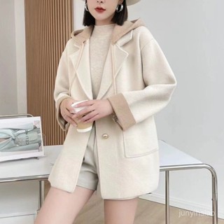 2024秋冬新款韓版寬鬆雙麵呢子連帽外套女女士時尚高階感毛呢大衣 羊毛大衣 風衣外套 毛呢外套 女裝1029 SO4O