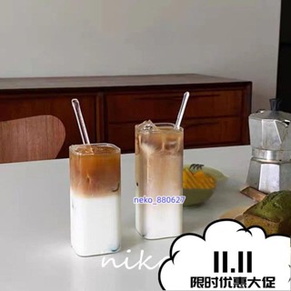 批發價💯韓國ins網紅方形玻璃杯 高硼矽耐熱水杯 牛奶杯 冰美式杯 咖啡杯 拿鐵杯 早餐杯 JHWJ