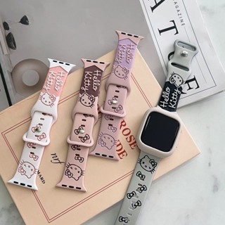 新款Hello Kitty矽膠錶帶適用iwatch9可愛凱蒂貓蘋果S876錶帶SE2KT貓矽膠錶帶蘋果手錶錶帶