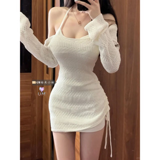 【Britney】日係女裝 洋裝 連身裙 禮服晚宴服不規則長袖鏤空防曬罩衫套裝女夏季純慾風辣妹修身氣質掛脖吊帶裙婚禮穿搭