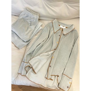 【居家睡衣】簡約德絨睡衣女冬季加絨珊瑚絨保暖加厚ins學生法蘭絨家居服套裝