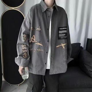 🔥cc精品小屋 襯衫 港風塗鴉長袖襯衫男百寬鬆情侶半袖寸衫韓版潮牌夏季工裝襯衣外套