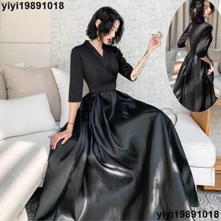 熱銷現發 訂製 名媛聚會法式黑色禮服 新款V領長款合唱禮服 年會主持人修身顯瘦晚宴服 音樂節舞臺演出服 慈善晚會化妝舞會